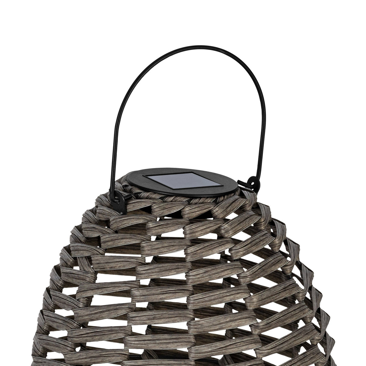 Close-up of the Solar LED Table Lamp 31cm in Grey, showing its woven oval body, black wire carry handle and integrated solar panel on top, against a plain white background.