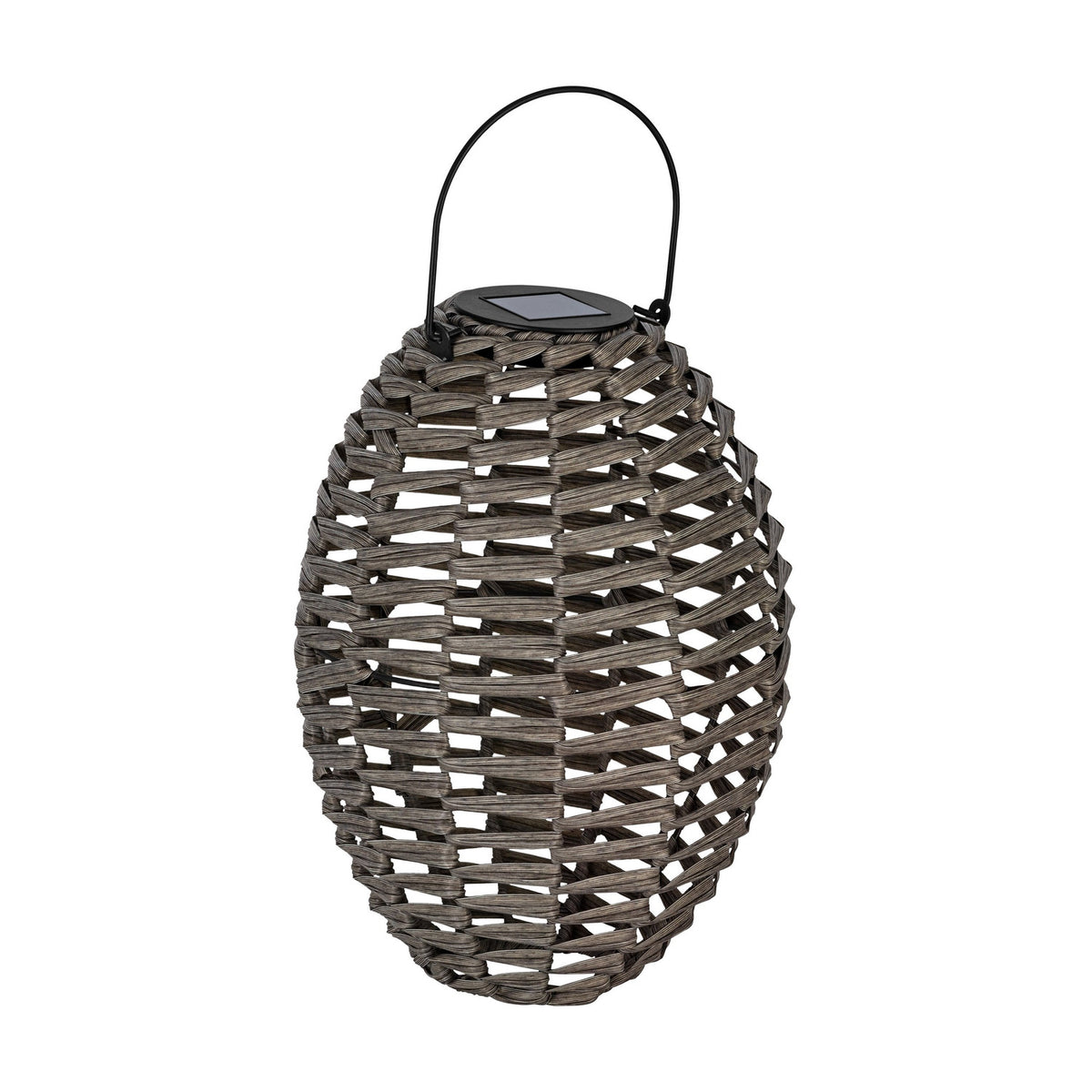 Solar LED Table Lamp 31cm in grey, a woven oval lantern with black wire carry handle and top-set solar panel, shown on a plain white background.