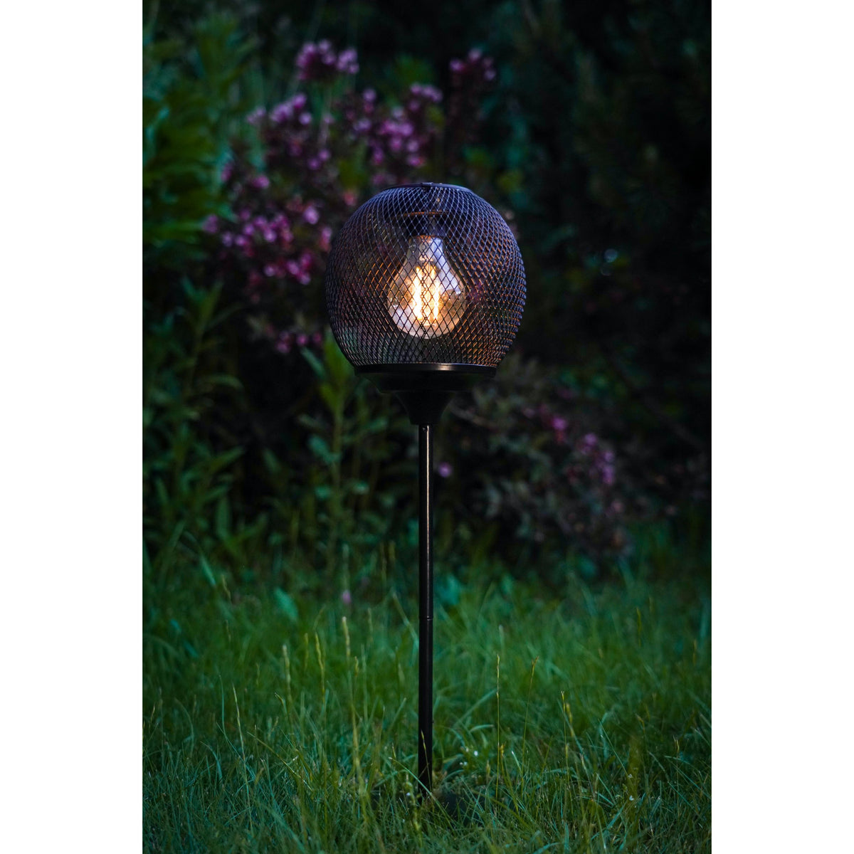 Solar LED table lamp with a black steel wire-mesh globe on a slim stem, glowing warm-white in a garden setting at dusk.