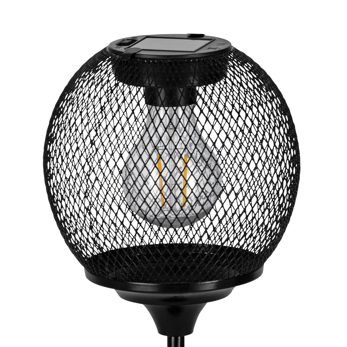 Solar LED table lamp with a round black wire-mesh globe on a slim stem, showing an integrated filament-style LED bulb and a small solar panel on top, set against a plain white background.