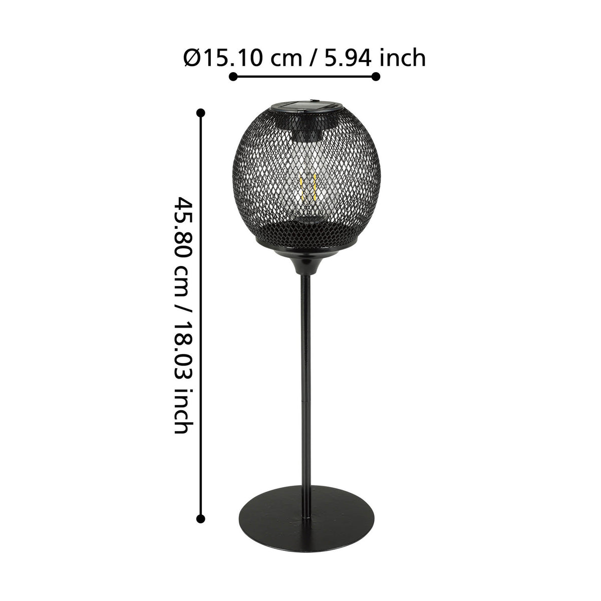 Solar LED table lamp with a round black wire-mesh globe, built-in filament-style LED, slim stem and flat round base, shown with dimensions 15.10 cm diameter and 45.80 cm height on a white background.