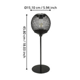 Solar LED table lamp with a round black wire-mesh globe, built-in filament-style LED, slim stem and flat round base, shown with dimensions 15.10 cm diameter and 45.80 cm height on a white background.