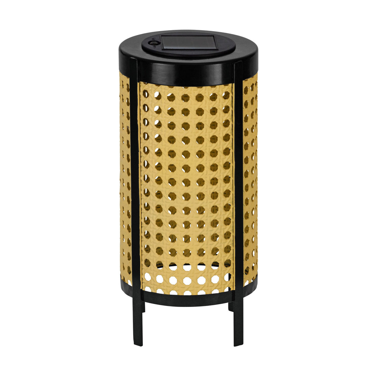 Solar LED table lamp with a cylindrical black steel frame on short legs, a perforated cane-pattern brown shade, and a built-in solar panel on top, shown on a plain white background.