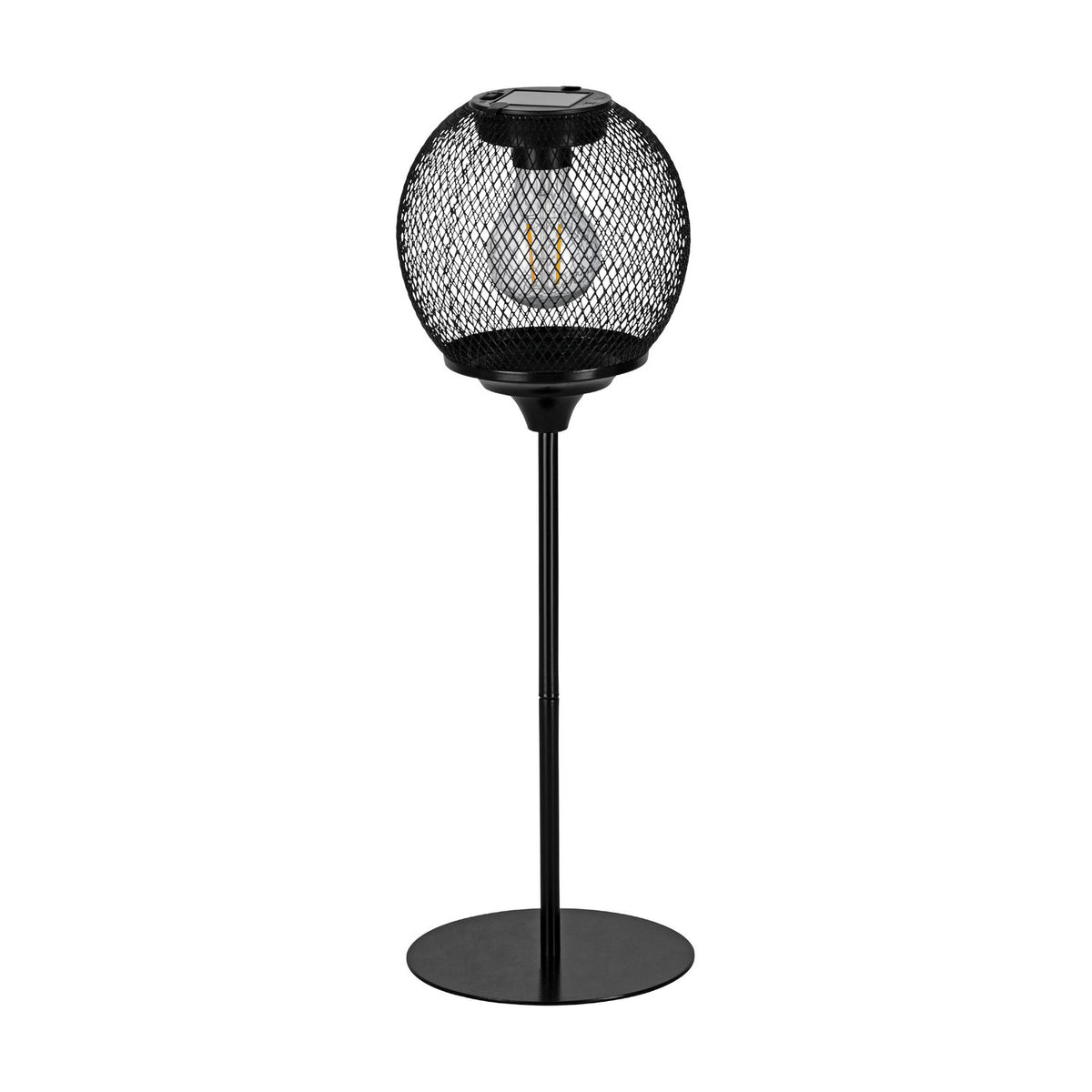 Solar LED table lamp in black steel with a round wire-mesh globe, built-in filament-style LED, solar panel on top, slim stem and round base, shown on a plain white background.