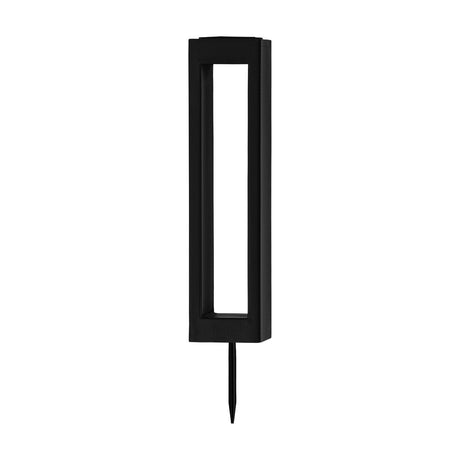 Solar Spike Light 38cm in black steel with an open rectangular frame, integrated LED, solar panel on top and a ground spike base, shown on a plain white background.