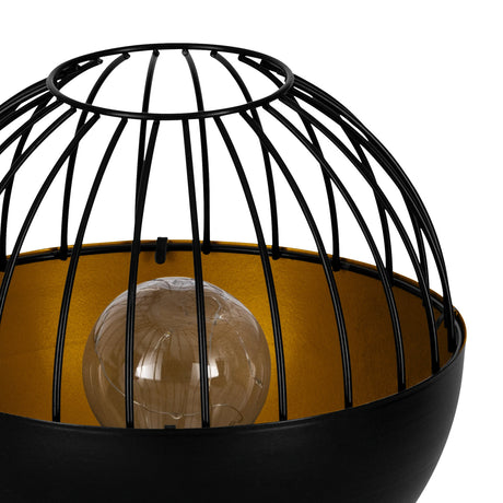 Close-up of the Solar Tripod LED Table Lamp in black and gold, showing the open wire cage dome over a gold-lined steel bowl with a glass globe bulb, white background.