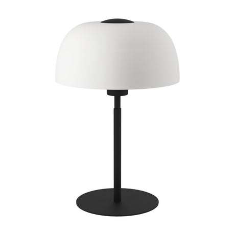 Solo 2 Table Lamp in black, featuring a domed white etched glass shade with black cap, slim black steel stem, and round flat base on a plain white background.