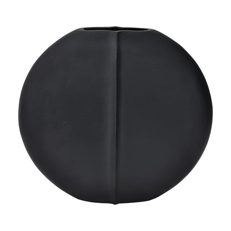 Sominot Vase 28.5cm in black aluminium, a round flat disc shape with a central vertical seam and narrow top slot opening, shown on a plain white background.