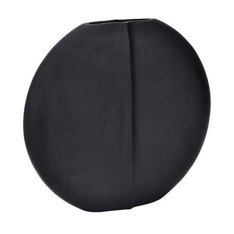 Sominot Vase 28.5cm in black aluminium, a round flat disc shape with a central vertical seam and narrow top slot opening, shown on a plain white background.