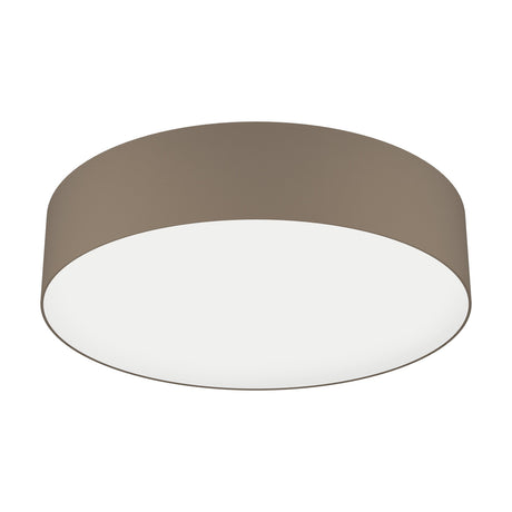 Somorne Smart LED Flush Ceiling Light with round drum-shaped taupe fabric shade and white diffuser, steel body, shown on a plain white background.