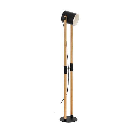 Sonanne Floor Lamp with two pale wood uprights, a round black base, and a black drum shade lined in cream, shown on a plain white background.