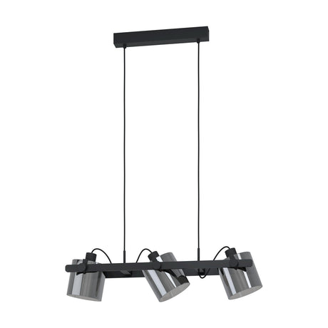 Sonanne linear pendant light with three smoked glass shades on a black steel bar, suspended from a black ceiling plate on twin wires, shown on a white background.