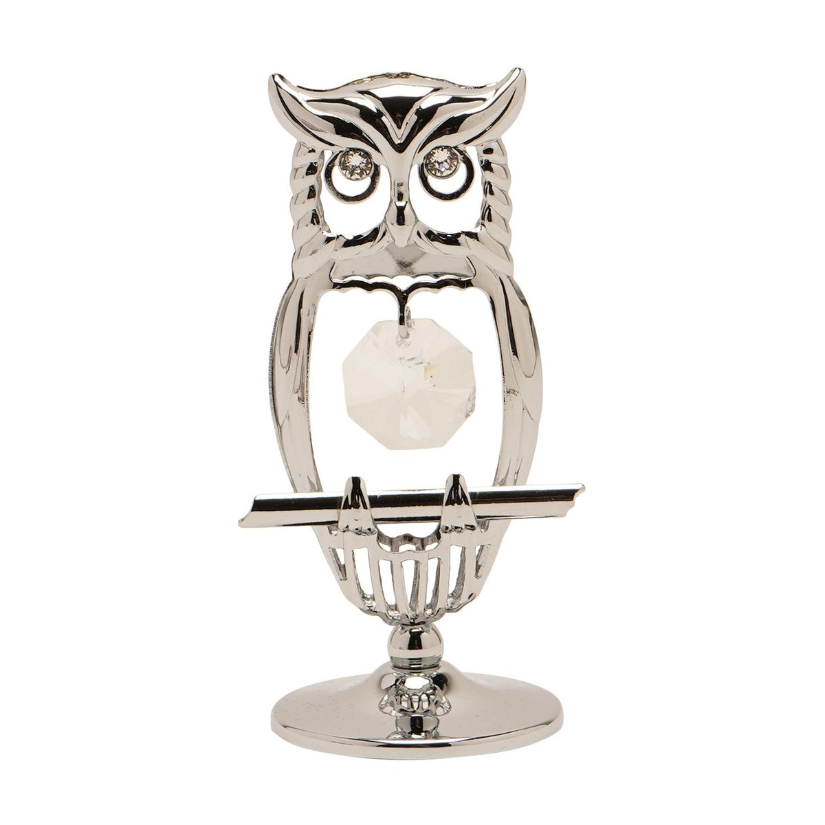 Chrome plated perched owl figurine with an open silver outline body, tufted ears, crystal eyes and a faceted hanging crystal, on a round pedestal base against a plain white background.