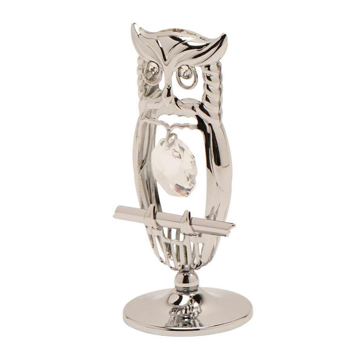 Chrome plated perched owl figurine with an open silver outline body, faceted crystal centrepiece, crystal eyes, and round pedestal base, shown on a plain white background.