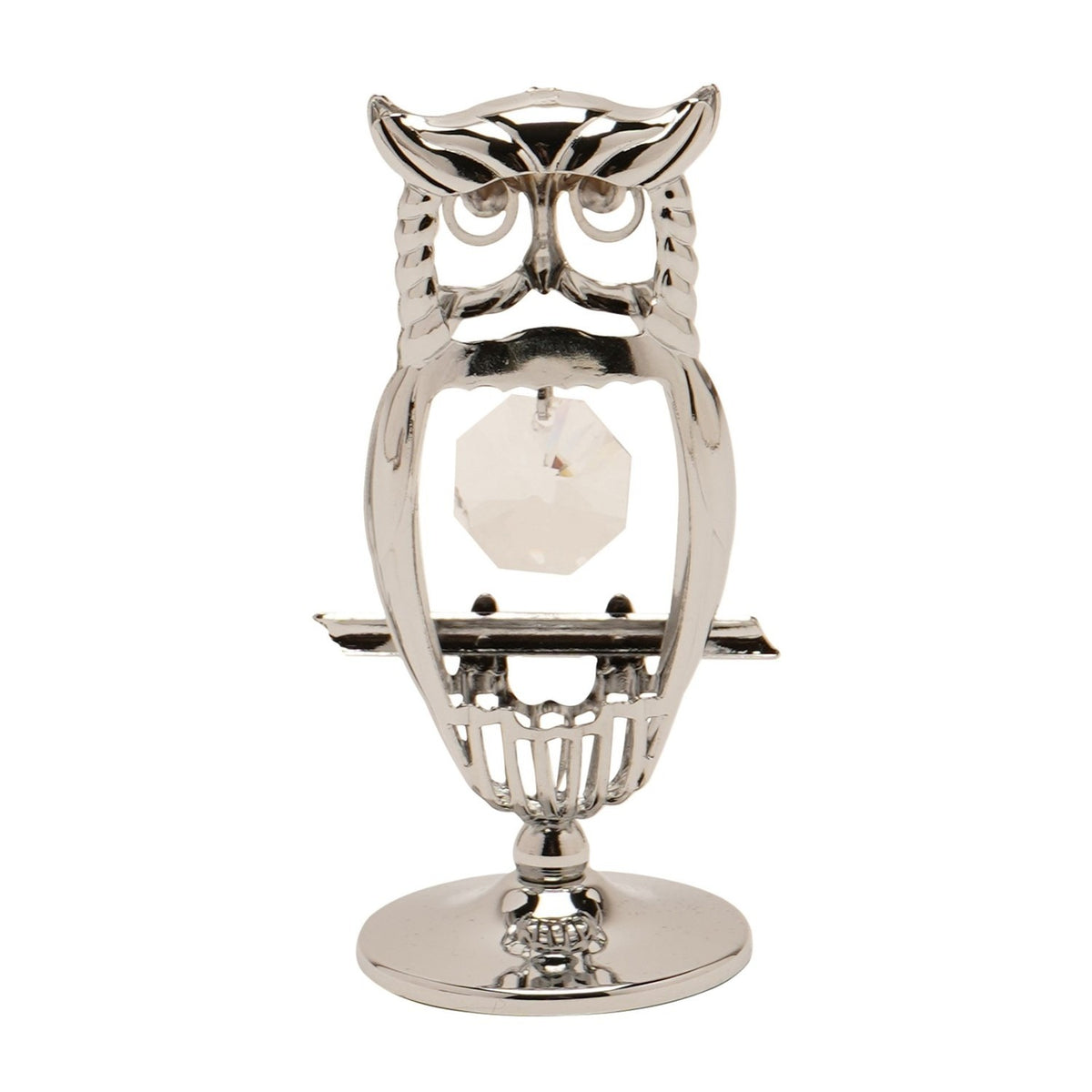 Chrome plated perched owl figurine with open silver outline body, tufted ears, round eyes, and a faceted crystal centrepiece, set on a round base against a plain white background.