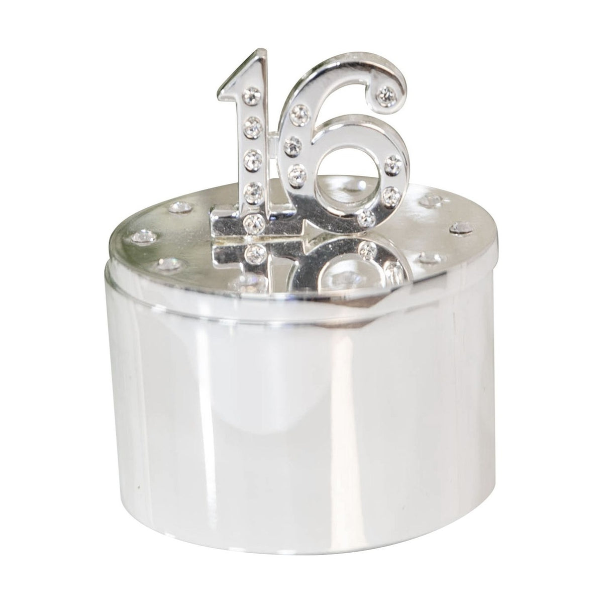 Round silverplated trinket box with a raised number 16 on the lid, crystal accents on the digits and around the edge, smooth cylindrical silver body, shown on a plain white background.