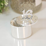Round silverplated trinket box with a crystal-studded number 16 on the lid, shown open with a cream lining, set on a light surface.