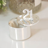 Round silverplated trinket box with a crystal "21" raised on the lid and crystals ringed around the edge, shown open with a cream satin lining.