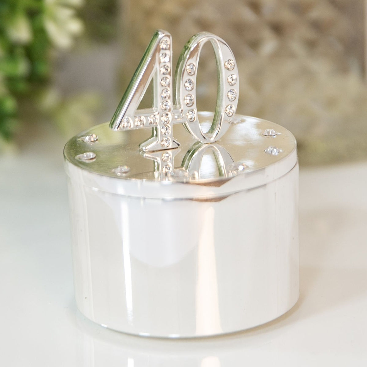 40th Birthday Silverplated Trinket Box with Crystal - Silver