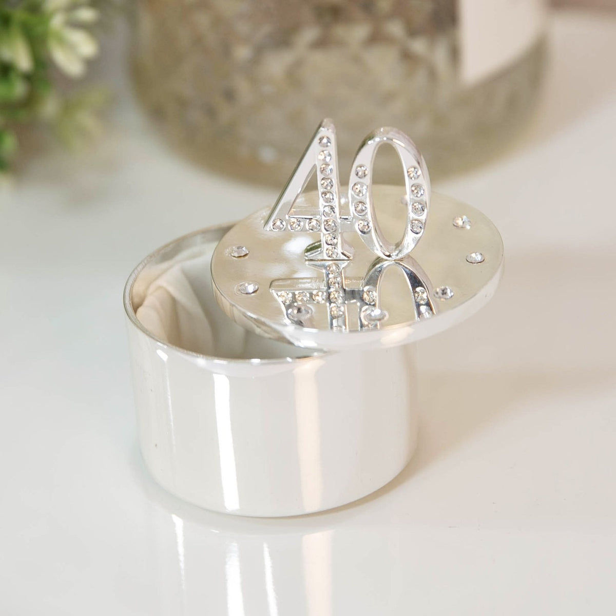40th Birthday Silverplated Trinket Box with Crystal - Silver