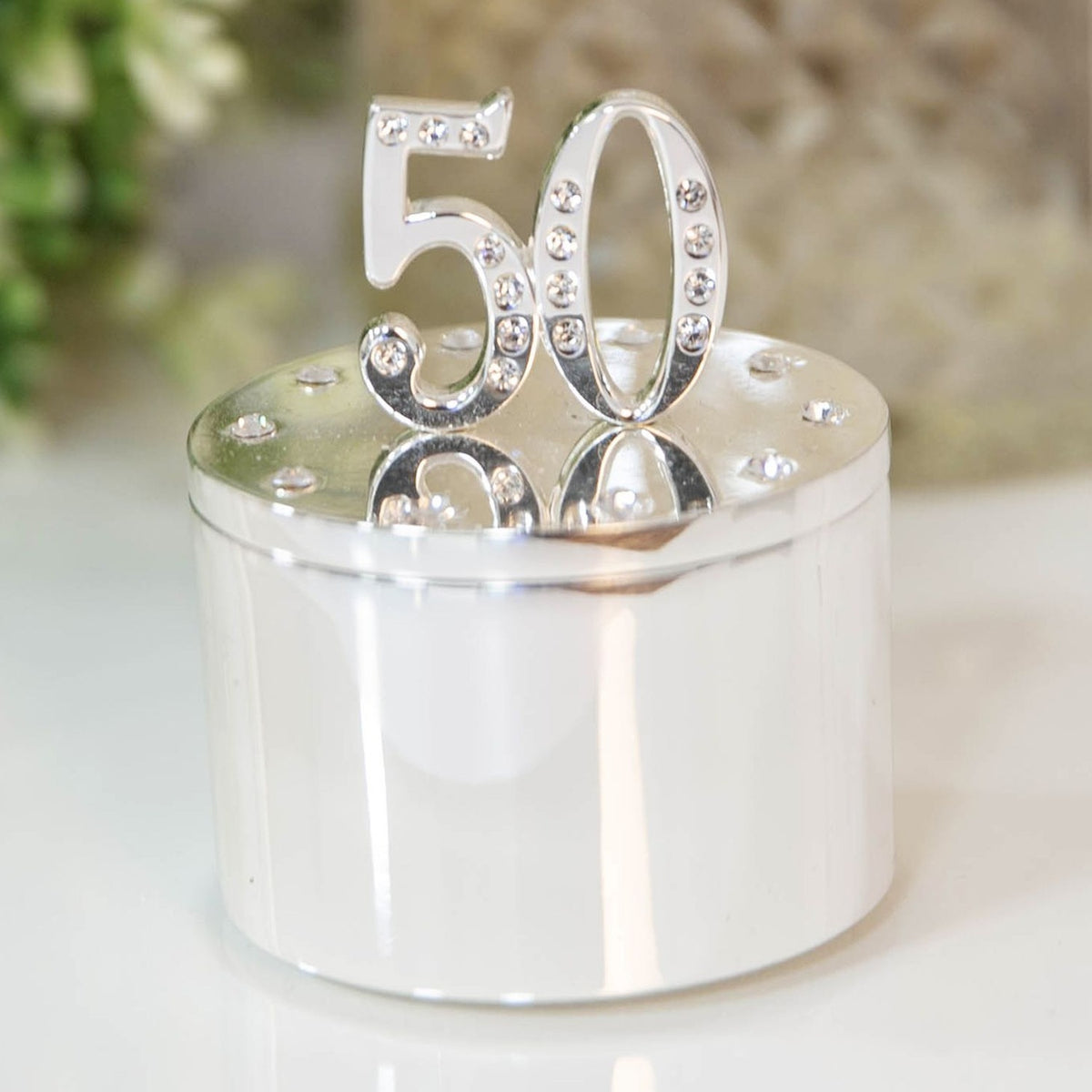 Round Silverplated Trinket Box with Crystal 50 Lid - Silver