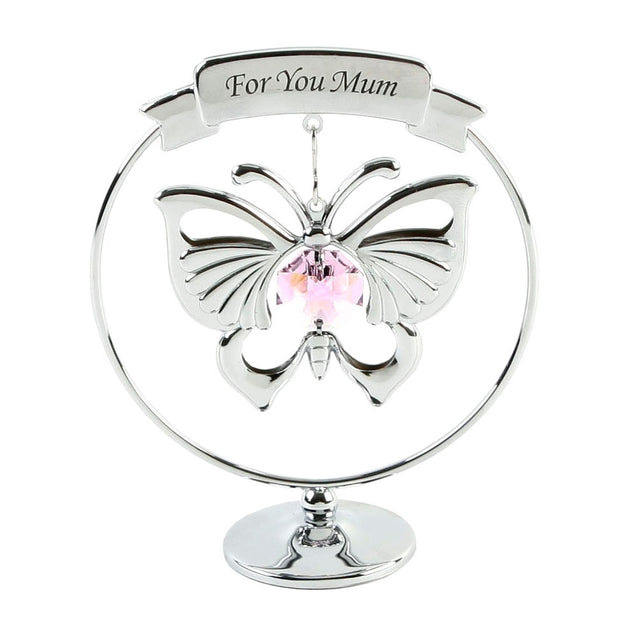Chrome plated "For You Mum" decoration with a silver cut-out butterfly featuring a faceted pink centre, hanging inside a round stand on a plain white background.