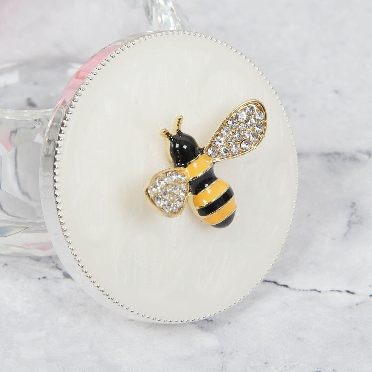 Bumble Bee Faceted Trinket Box with Silverplated Lid - White