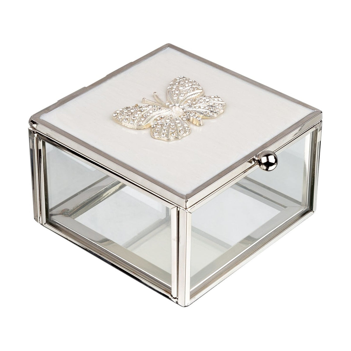 Butterfly Trinket Box with Enamel Lid and Diamantes - White