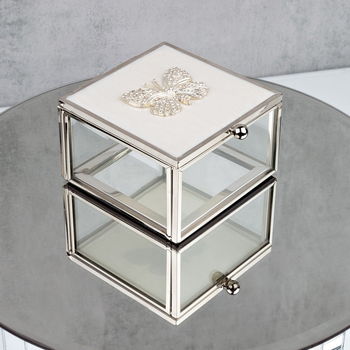 Butterfly Trinket Box with Enamel Lid and Diamantes - White