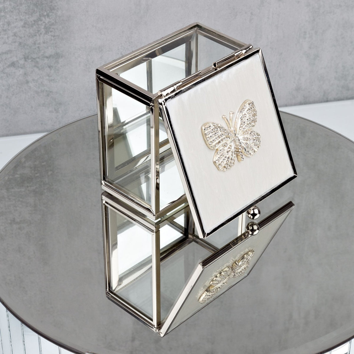 Butterfly Trinket Box with Enamel Lid and Diamantes - White