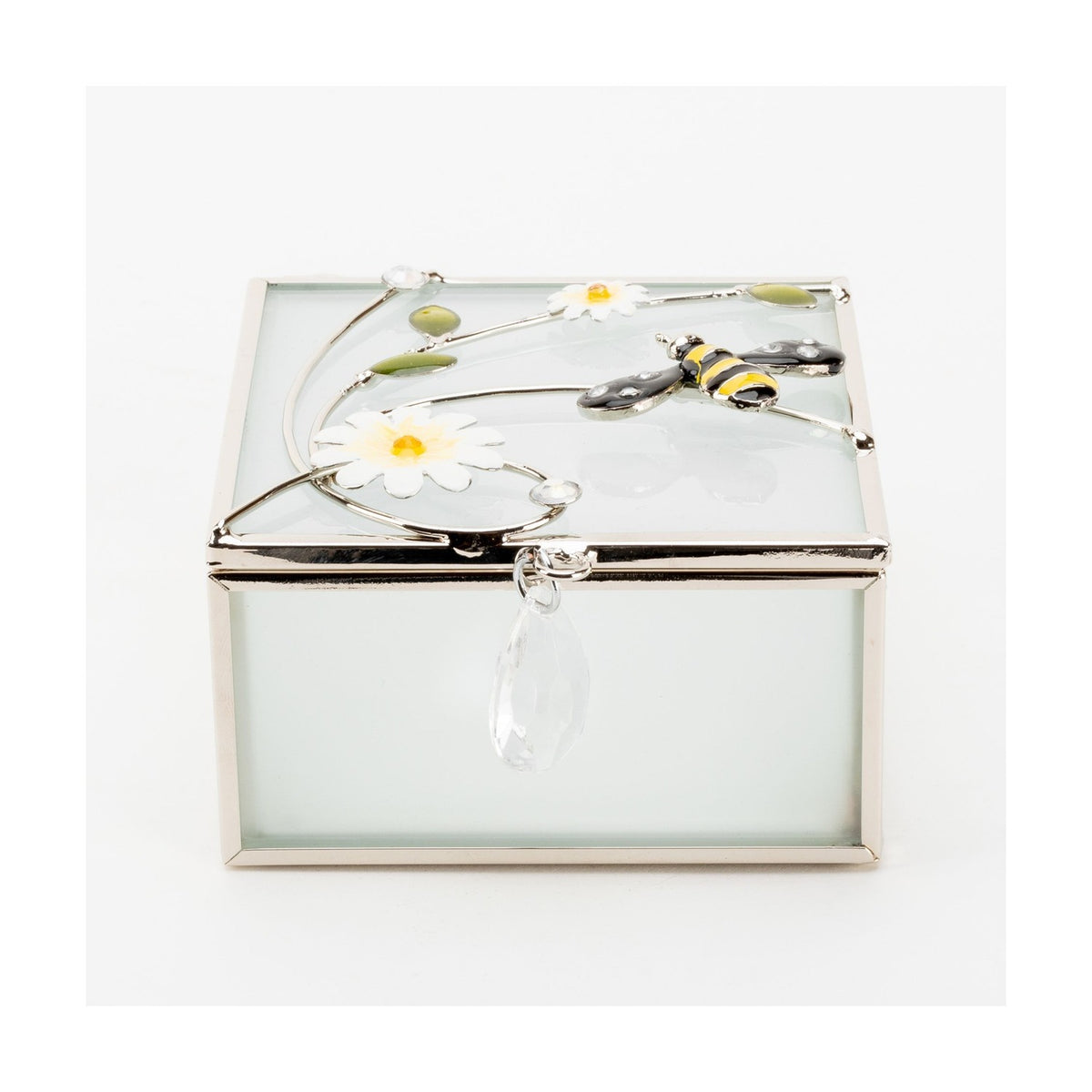 Classic Glass & Wire Bumble Bee Square Trinket Box - Silver