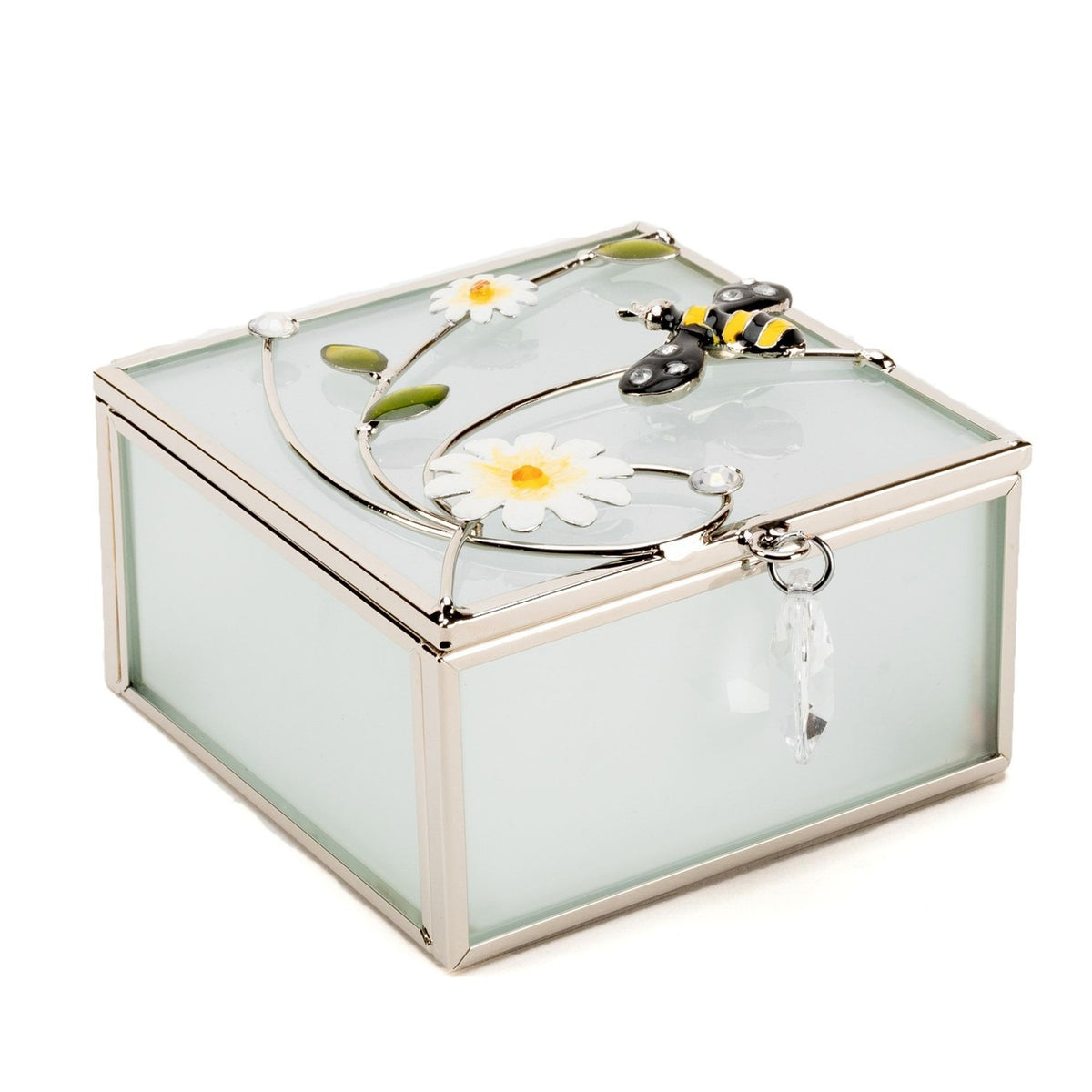 Classic Glass & Wire Bumble Bee Square Trinket Box - Silver