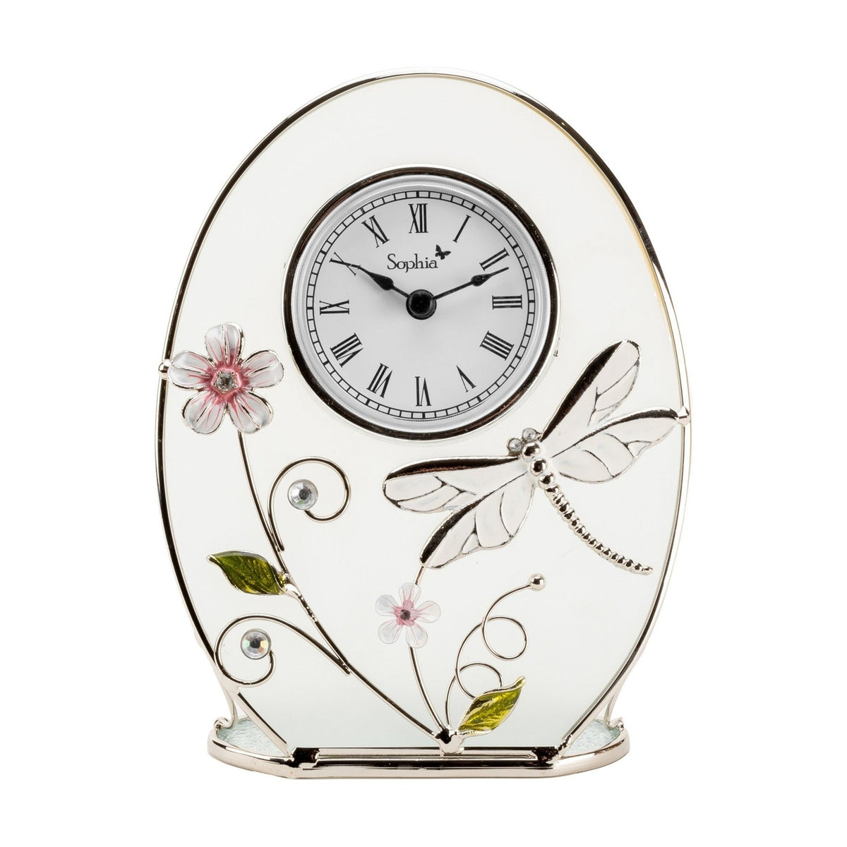 Classic Oval Glass & Wire Dragonfly Mantel Clock - White