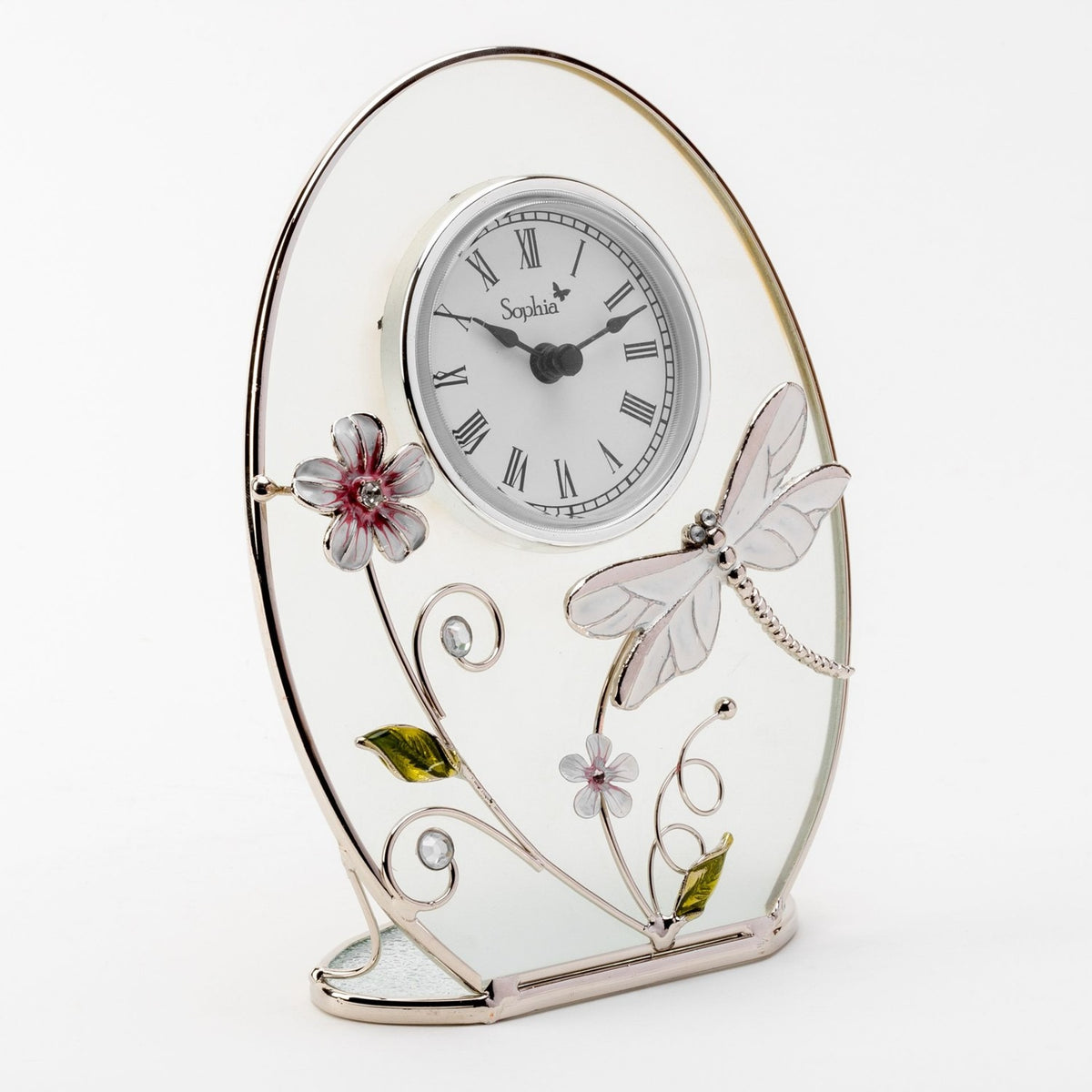 Classic Oval Glass & Wire Dragonfly Mantel Clock - White