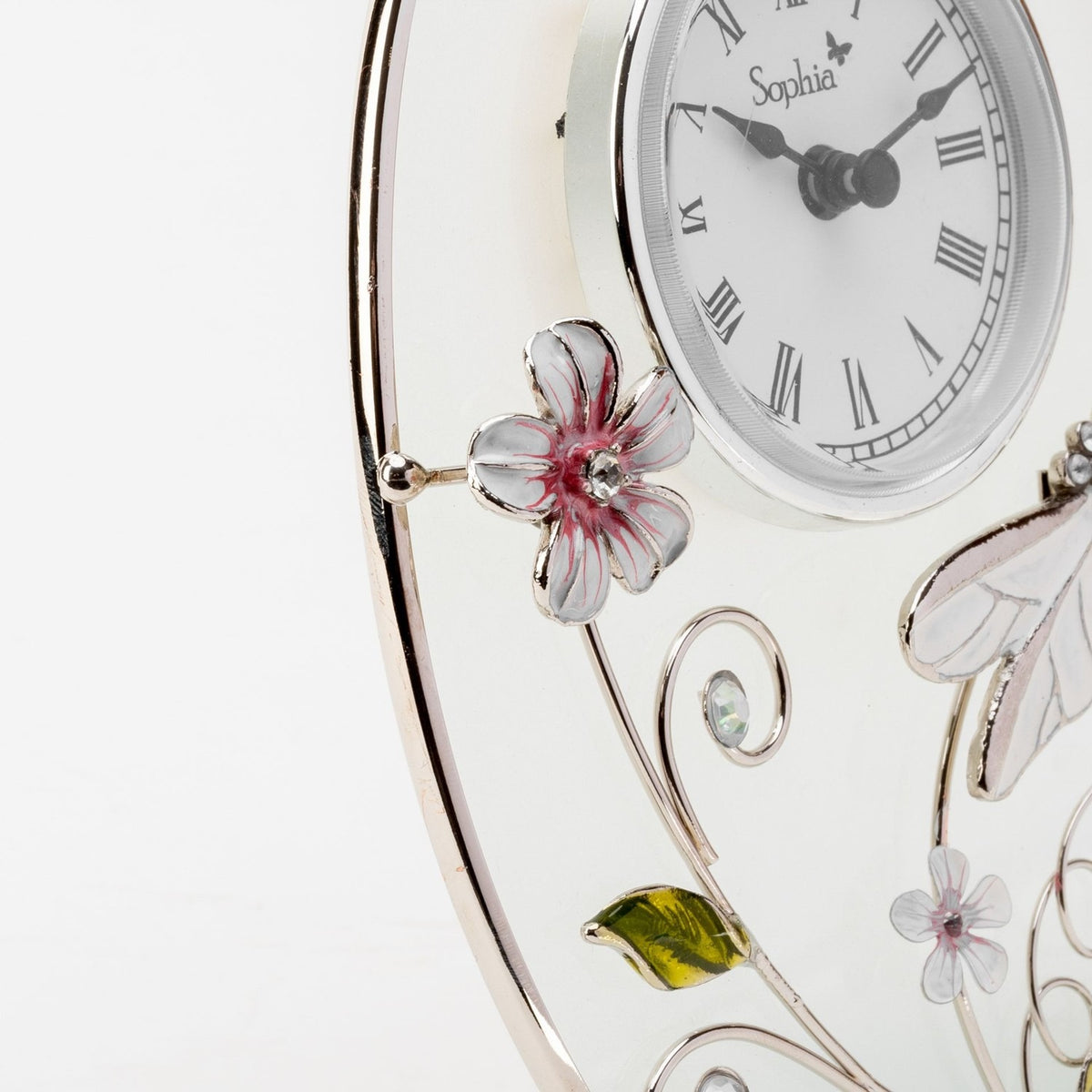 Classic Oval Glass & Wire Dragonfly Mantel Clock - White