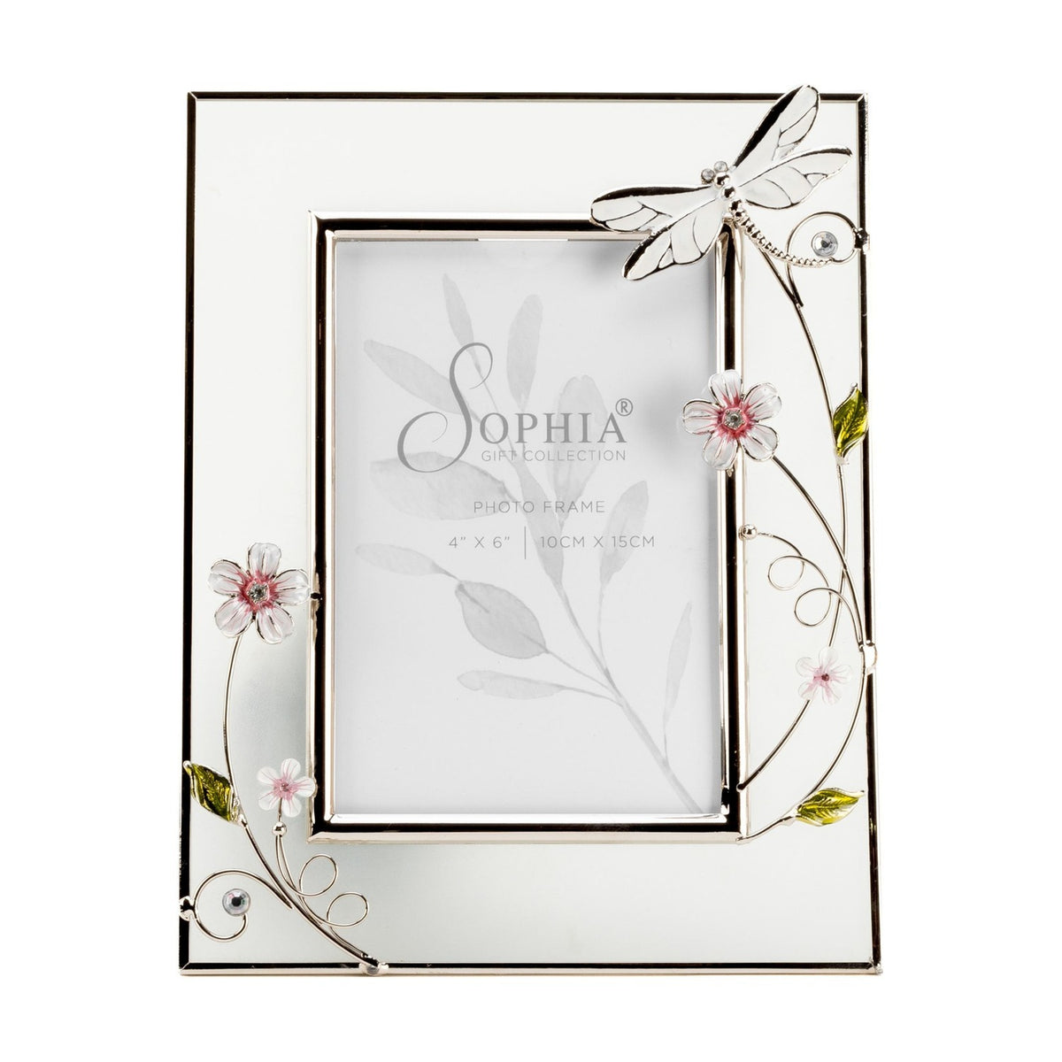 Rectangular 6x4in photo frame with pale glass border and silver wire trim, featuring a white hand-painted dragonfly, pink-centred flowers and green leaves, on a plain white background.