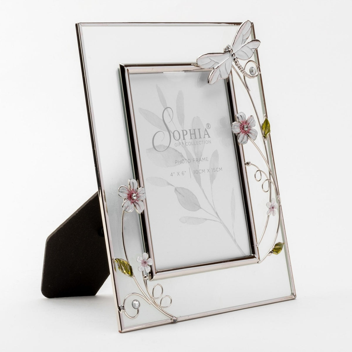 Classic Dragonfly Glass & Wire Photo Frame 6 x 4in in silver, with pale glass border, wire flowers, leaves and a dragonfly detail, shown on a plain white background.
