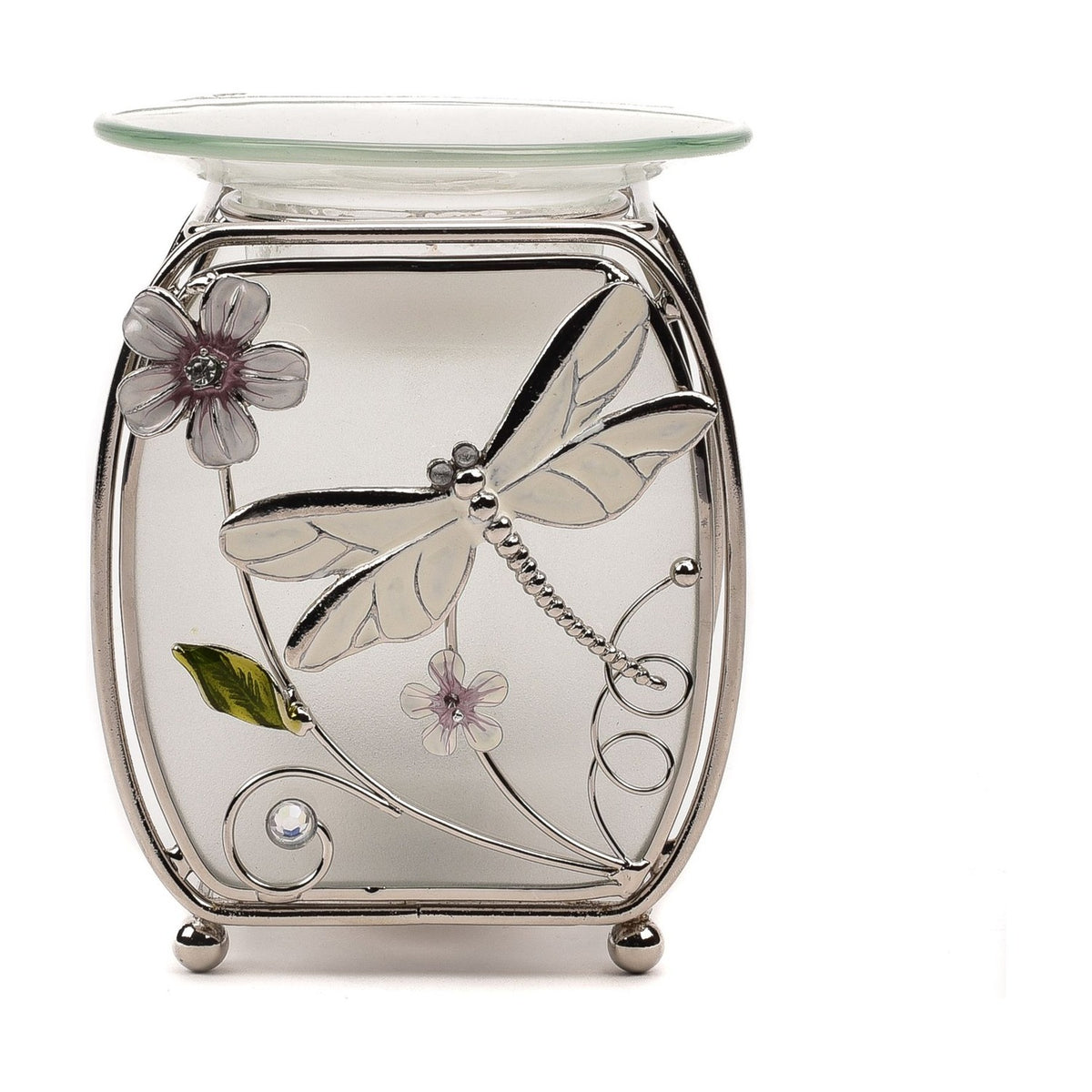 Classic Dragonfly Glass and Wire Wax Melt Burner in clear, with a silver wire frame, frosted glass panels, dragonfly and floral design, and a shallow glass dish, shown on a white background.