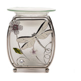 Classic Dragonfly Glass and Wire Wax Melt Burner in clear, with a silver wire frame, frosted glass panels, dragonfly and floral design, and a shallow glass dish, shown on a white background.