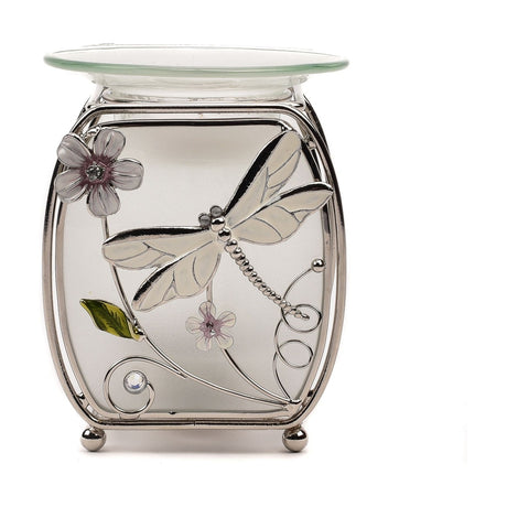 Classic Dragonfly Glass and Wire Wax Melt Burner in clear, with a silver wire frame, frosted glass panels, dragonfly and floral design, and a shallow glass dish, shown on a white background.