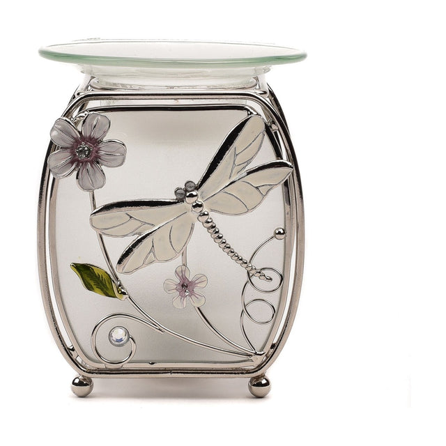 Classic Dragonfly Glass and Wire Wax Melt Burner in clear, with a silver wire frame, frosted glass panels, dragonfly and floral design, and a shallow glass dish, shown on a white background.