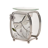 Classic Dragonfly Glass and Wire Wax Melt Burner in clear, with frosted glass panels, curved silver wire frame, dragonfly and flower detail, and shallow glass dish, shown on a white background.