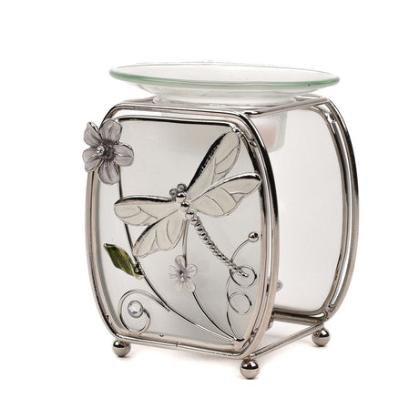 Classic Dragonfly Glass and Wire Wax Melt Burner in clear, with frosted glass panels, curved silver wire frame, dragonfly and flower detail, and shallow glass dish, shown on a white background.