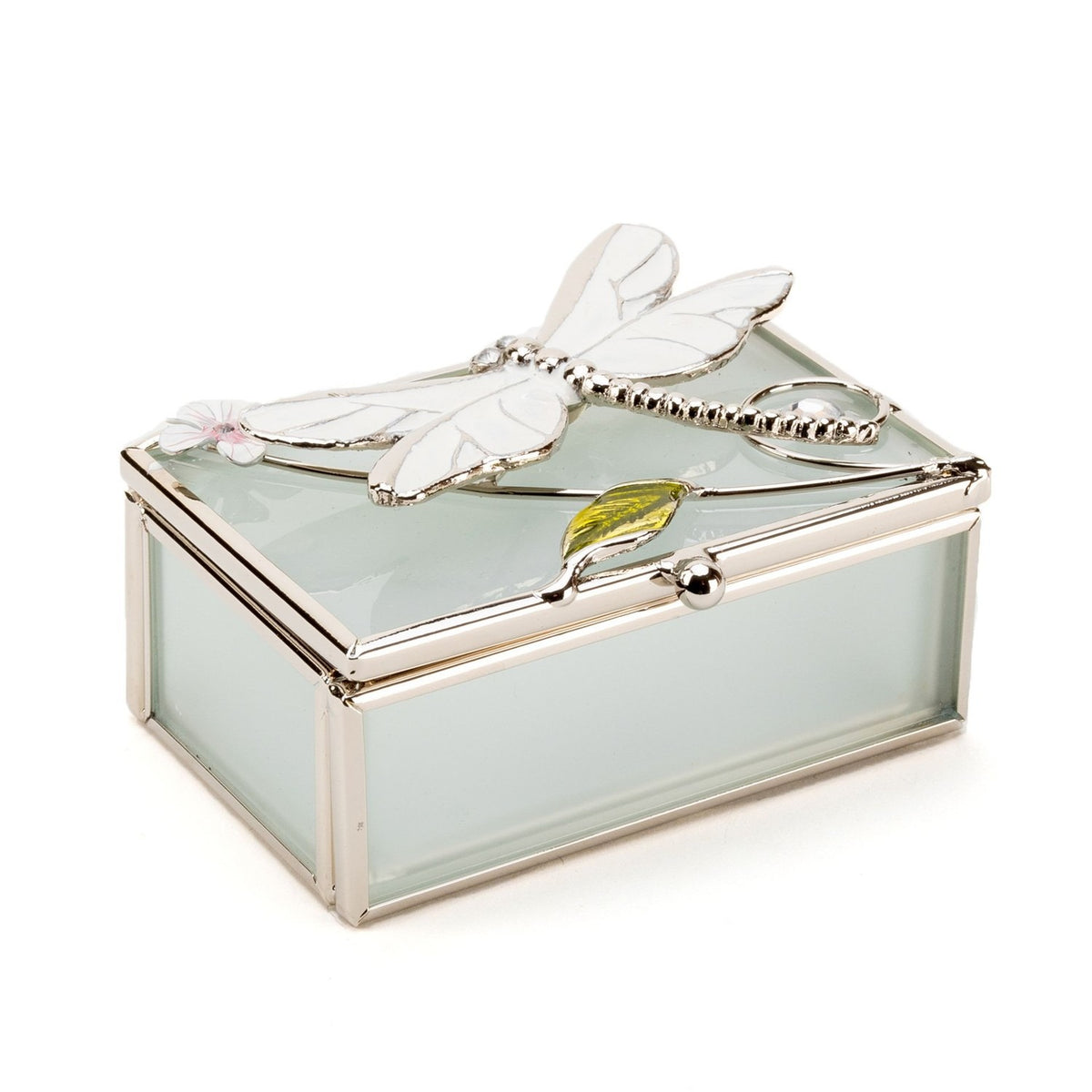 Rectangular frosted glass trinket box with a silver-toned frame, featuring a white enamel dragonfly, green leaf, and pink flower on the lid, shown on a plain white background.
