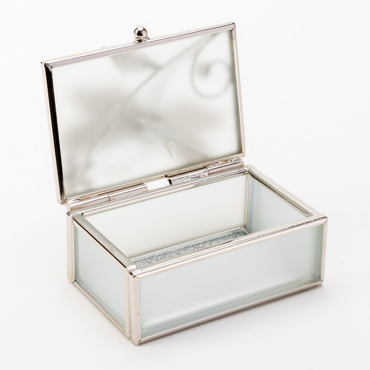 Rectangular glass trinket box with frosted panels and a slim silver-toned frame, shown open on a white background to reveal the mirrored lid and interior.