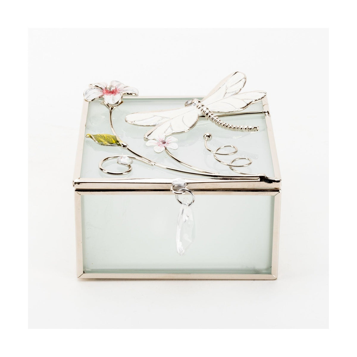 Classic Glass & Wire Dragonfly Square Trinket Box - White