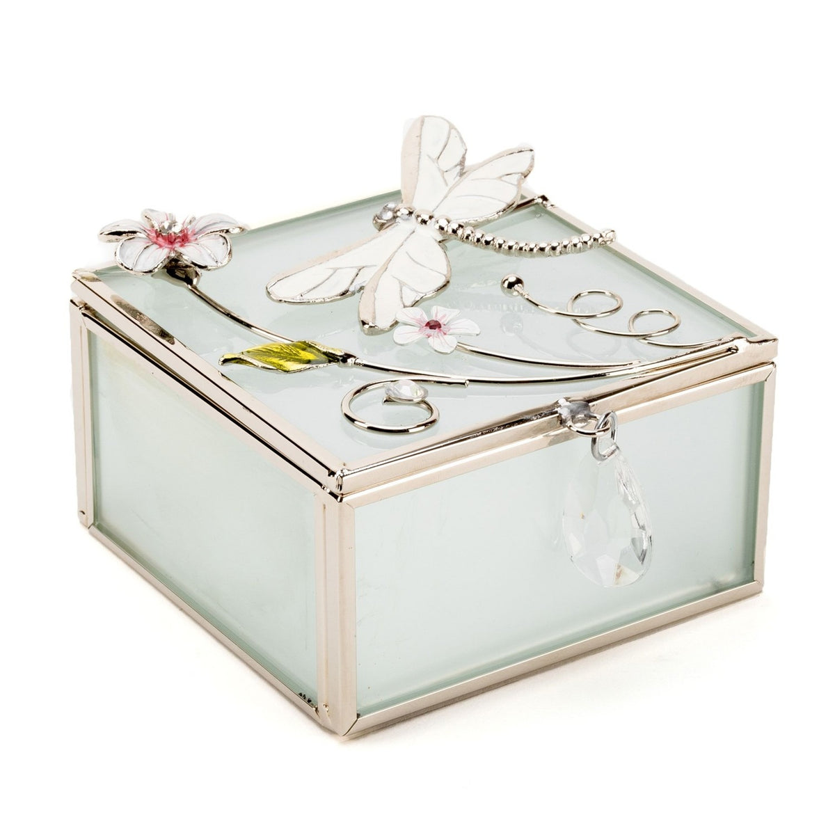 Classic Glass & Wire Dragonfly Square Trinket Box - White