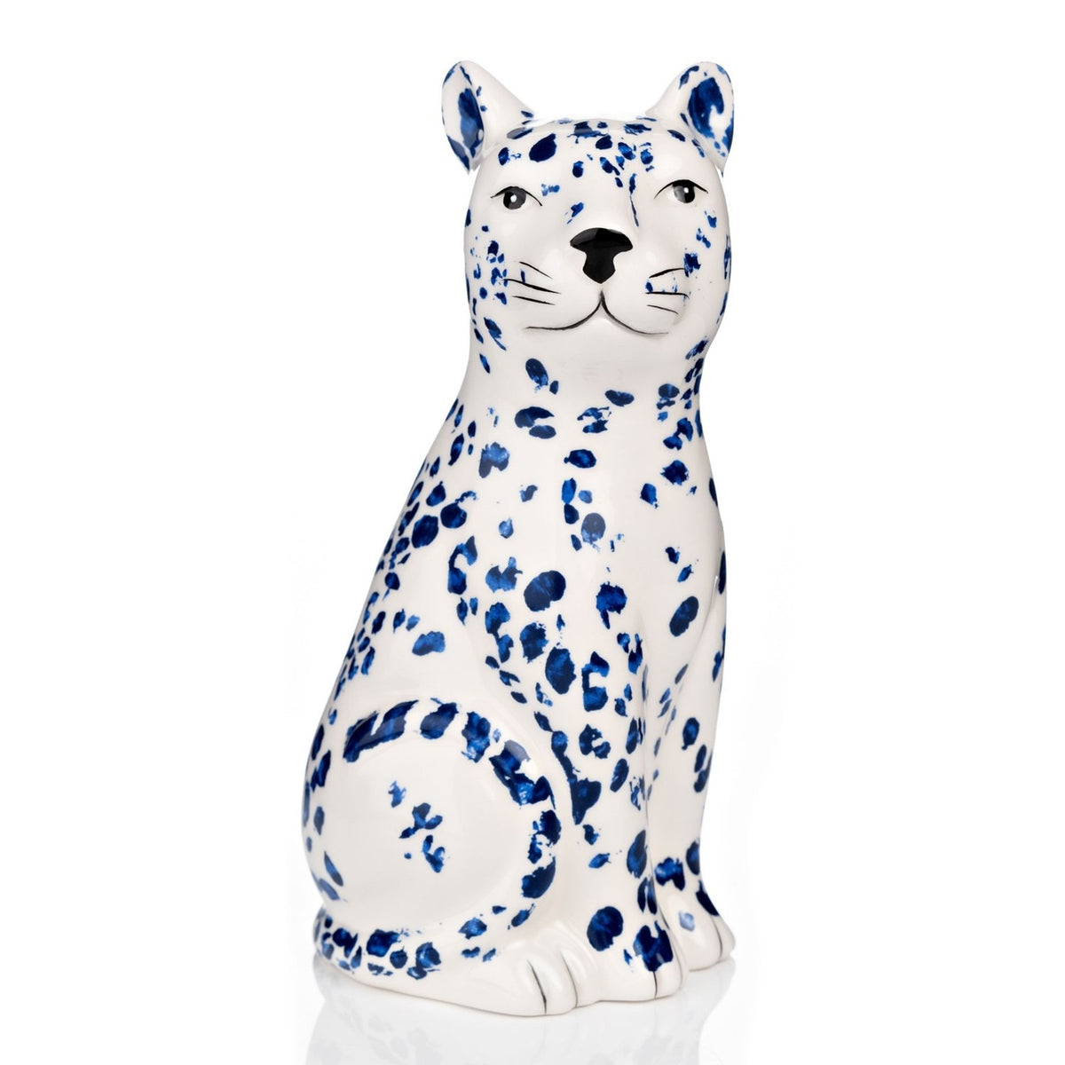 Spotted Sitting Leopard Ceramic Figurine - White & Blue