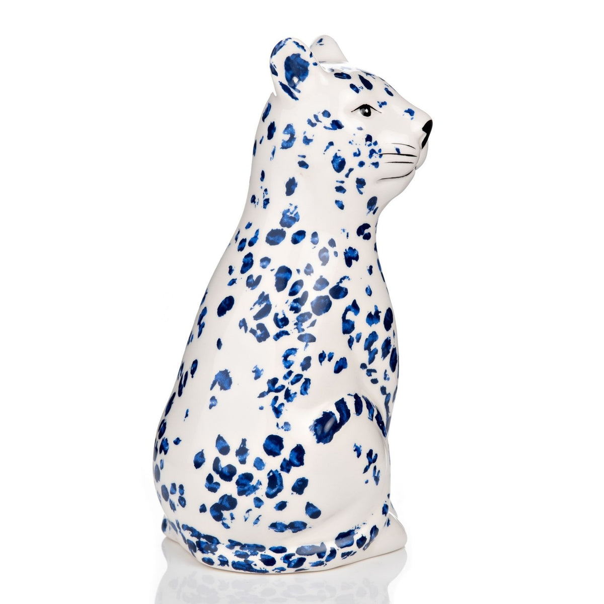 Spotted Sitting Leopard Ceramic Figurine - White & Blue