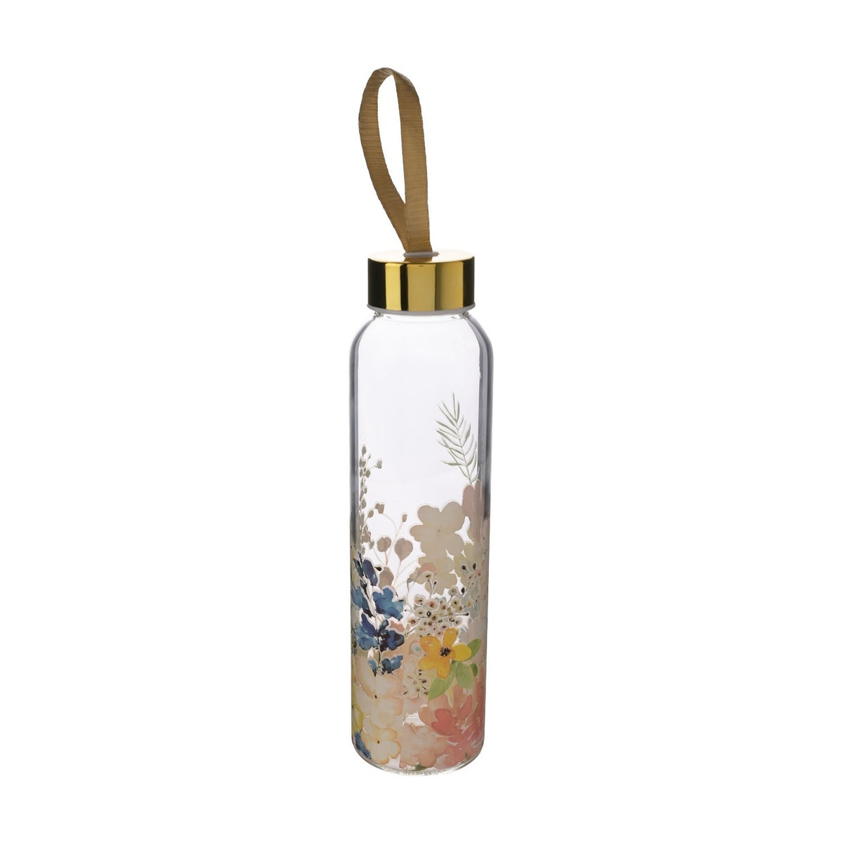 Slim Watercolour Floral Water Bottle 420ml in Clear Glass